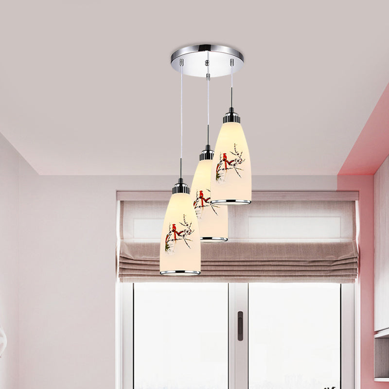 3-Light Drop Pendant Minimalist Oblong White Printing Glass Multiple Hanging Lamp with Round/Linear Canopy Clearhalo 'Ceiling Lights' 'Glass shade' 'Glass' 'Pendant Lights' 'Pendants' Lighting' 800749