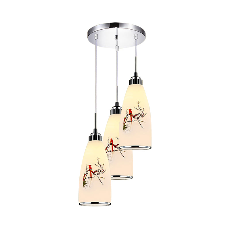 3-Light Drop Pendant Minimalist Oblong White Printing Glass Multiple Hanging Lamp with Round/Linear Canopy Clearhalo 'Ceiling Lights' 'Glass shade' 'Glass' 'Pendant Lights' 'Pendants' Lighting' 800750