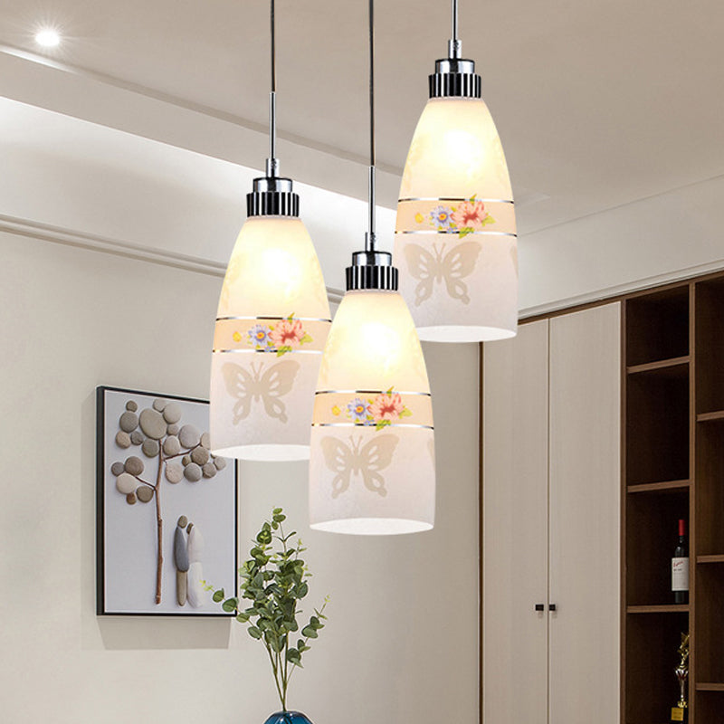 3-Light Drop Pendant Minimalist Oblong White Printing Glass Multiple Hanging Lamp with Round/Linear Canopy White D Round Clearhalo 'Ceiling Lights' 'Glass shade' 'Glass' 'Pendant Lights' 'Pendants' Lighting' 800751