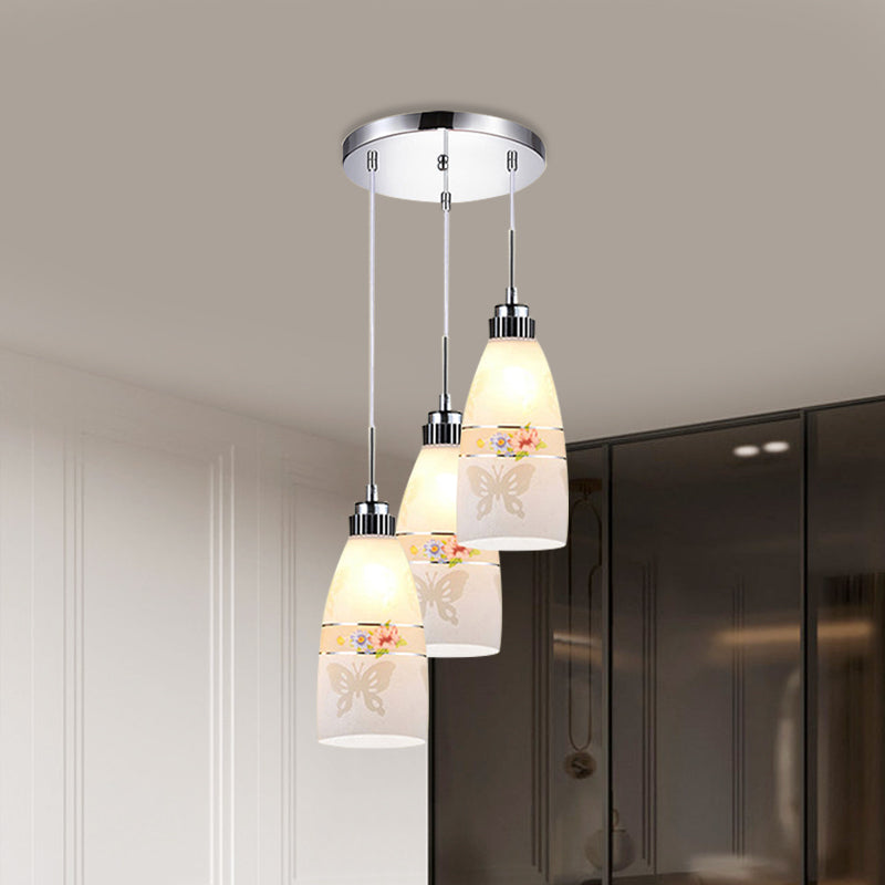 3-Light Drop Pendant Minimalist Oblong White Printing Glass Multiple Hanging Lamp with Round/Linear Canopy Clearhalo 'Ceiling Lights' 'Glass shade' 'Glass' 'Pendant Lights' 'Pendants' Lighting' 800752