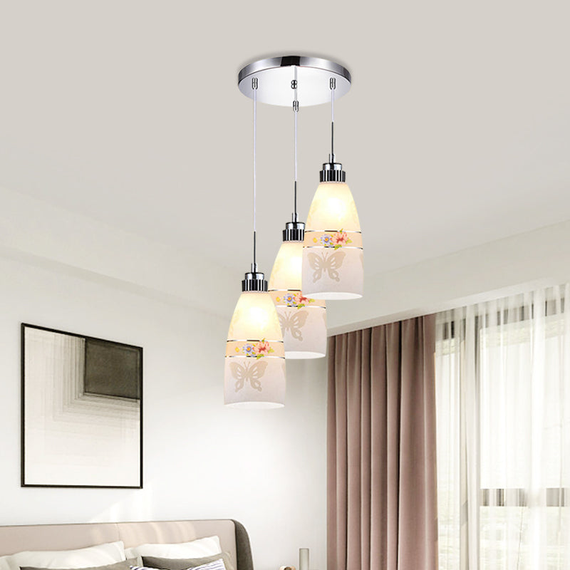 3-Light Drop Pendant Minimalist Oblong White Printing Glass Multiple Hanging Lamp with Round/Linear Canopy Clearhalo 'Ceiling Lights' 'Glass shade' 'Glass' 'Pendant Lights' 'Pendants' Lighting' 800753