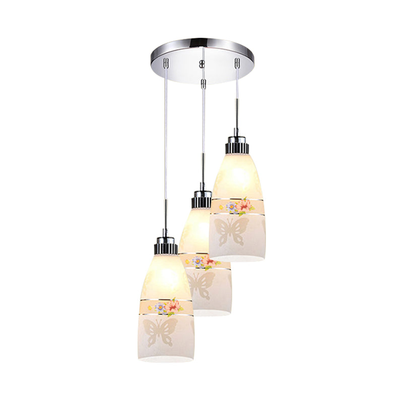 3-Light Drop Pendant Minimalist Oblong White Printing Glass Multiple Hanging Lamp with Round/Linear Canopy Clearhalo 'Ceiling Lights' 'Glass shade' 'Glass' 'Pendant Lights' 'Pendants' Lighting' 800754
