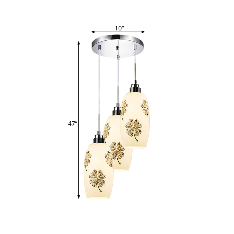 White Frosted Glass Bottle Multi-Pendant Minimalist 3 Lights Restaurant Hanging Ceiling Lamp with Clover Pattern Clearhalo 'Ceiling Lights' 'Glass shade' 'Glass' 'Pendant Lights' 'Pendants' Lighting' 800758