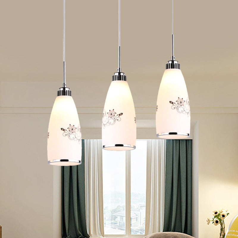3-Bulb Cone Multiple Hanging Lamp Minimalism Black/Yellow/Blue Printing Glass Pendulum Lamp with Linear/Round Canopy Black Linear Clearhalo 'Ceiling Lights' 'Glass shade' 'Glass' 'Pendant Lights' 'Pendants' Lighting' 800759