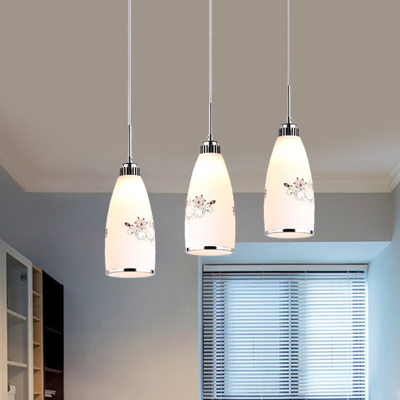 3-Bulb Cone Multiple Hanging Lamp Minimalism Black/Yellow/Blue Printing Glass Pendulum Lamp with Linear/Round Canopy Clearhalo 'Ceiling Lights' 'Glass shade' 'Glass' 'Pendant Lights' 'Pendants' Lighting' 800760
