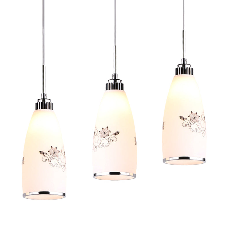 3-Bulb Cone Multiple Hanging Lamp Minimalism Black/Yellow/Blue Printing Glass Pendulum Lamp with Linear/Round Canopy Clearhalo 'Ceiling Lights' 'Glass shade' 'Glass' 'Pendant Lights' 'Pendants' Lighting' 800761
