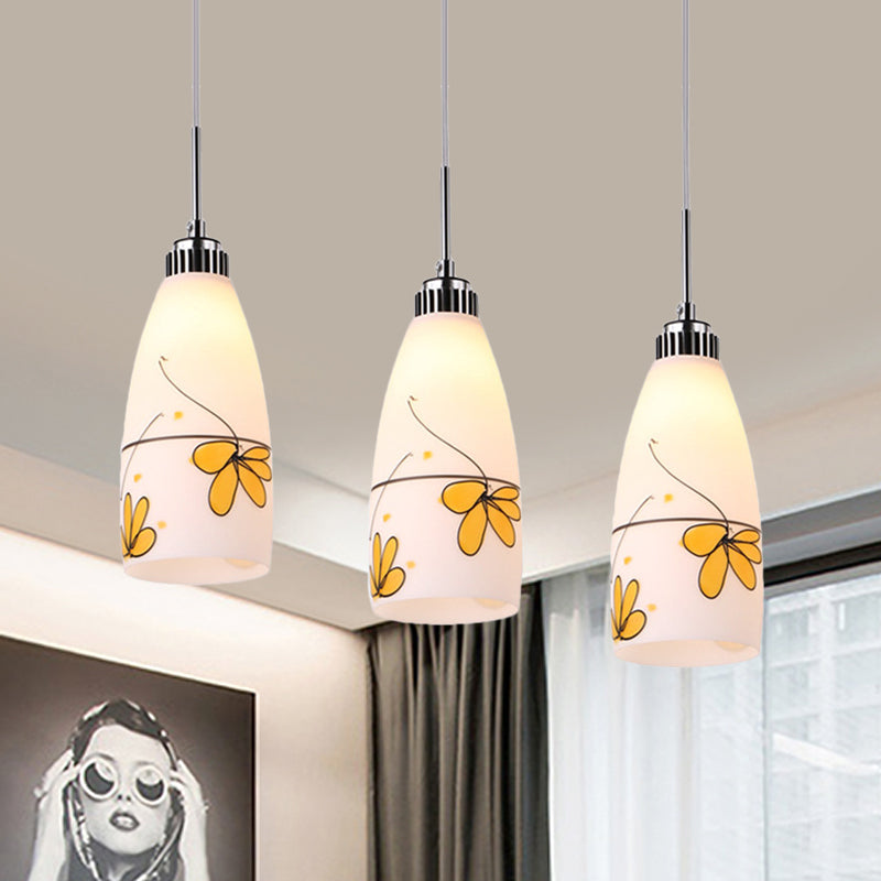 3-Bulb Cone Multiple Hanging Lamp Minimalism Black/Yellow/Blue Printing Glass Pendulum Lamp with Linear/Round Canopy Yellow Linear Clearhalo 'Ceiling Lights' 'Glass shade' 'Glass' 'Pendant Lights' 'Pendants' Lighting' 800763
