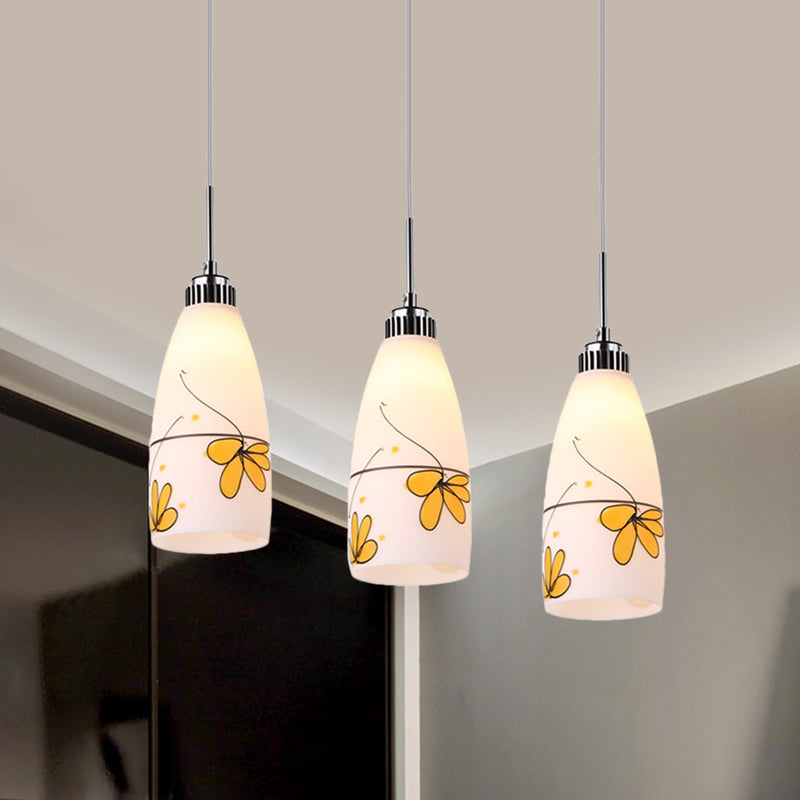 3-Bulb Cone Multiple Hanging Lamp Minimalism Black/Yellow/Blue Printing Glass Pendulum Lamp with Linear/Round Canopy Clearhalo 'Ceiling Lights' 'Glass shade' 'Glass' 'Pendant Lights' 'Pendants' Lighting' 800764