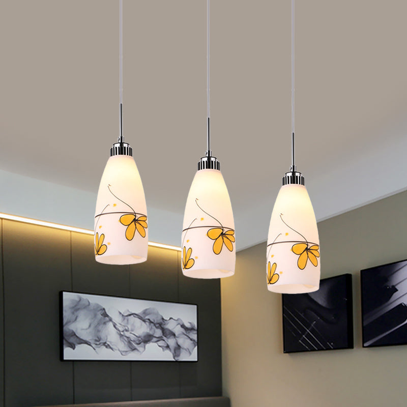 3-Bulb Cone Multiple Hanging Lamp Minimalism Black/Yellow/Blue Printing Glass Pendulum Lamp with Linear/Round Canopy Clearhalo 'Ceiling Lights' 'Glass shade' 'Glass' 'Pendant Lights' 'Pendants' Lighting' 800765