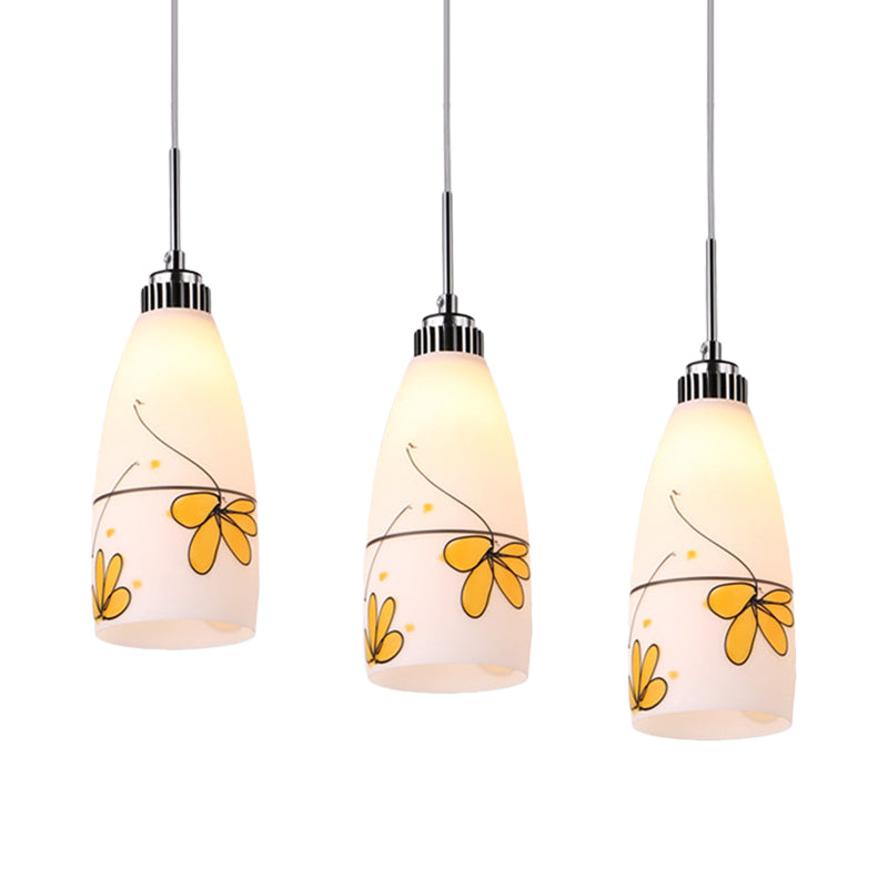 3-Bulb Cone Multiple Hanging Lamp Minimalism Black/Yellow/Blue Printing Glass Pendulum Lamp with Linear/Round Canopy Clearhalo 'Ceiling Lights' 'Glass shade' 'Glass' 'Pendant Lights' 'Pendants' Lighting' 800766