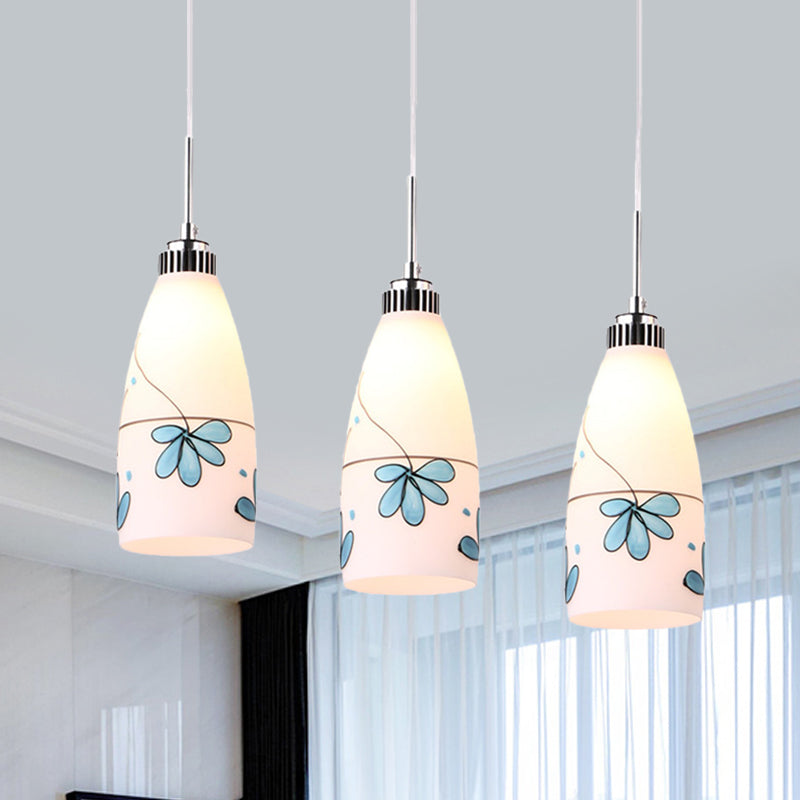 3-Bulb Cone Multiple Hanging Lamp Minimalism Black/Yellow/Blue Printing Glass Pendulum Lamp with Linear/Round Canopy Blue Linear Clearhalo 'Ceiling Lights' 'Glass shade' 'Glass' 'Pendant Lights' 'Pendants' Lighting' 800767