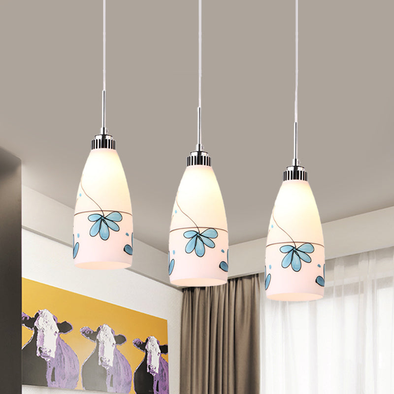 3-Bulb Cone Multiple Hanging Lamp Minimalism Black/Yellow/Blue Printing Glass Pendulum Lamp with Linear/Round Canopy Clearhalo 'Ceiling Lights' 'Glass shade' 'Glass' 'Pendant Lights' 'Pendants' Lighting' 800768