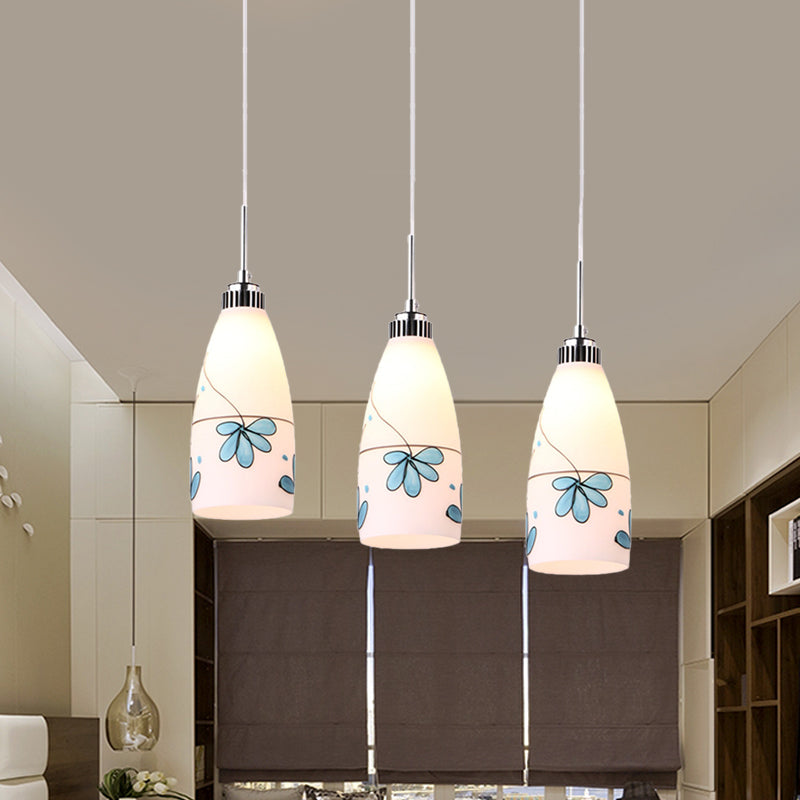 3-Bulb Cone Multiple Hanging Lamp Minimalism Black/Yellow/Blue Printing Glass Pendulum Lamp with Linear/Round Canopy Clearhalo 'Ceiling Lights' 'Glass shade' 'Glass' 'Pendant Lights' 'Pendants' Lighting' 800769