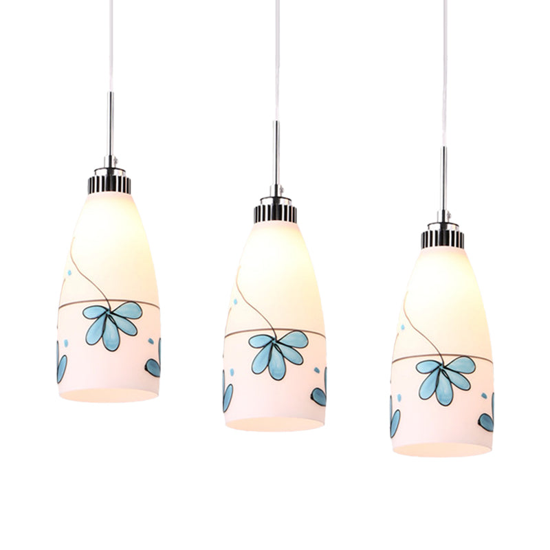 3-Bulb Cone Multiple Hanging Lamp Minimalism Black/Yellow/Blue Printing Glass Pendulum Lamp with Linear/Round Canopy Clearhalo 'Ceiling Lights' 'Glass shade' 'Glass' 'Pendant Lights' 'Pendants' Lighting' 800770