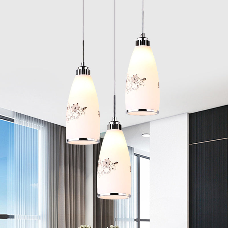 3-Bulb Cone Multiple Hanging Lamp Minimalism Black/Yellow/Blue Printing Glass Pendulum Lamp with Linear/Round Canopy Black Round Clearhalo 'Ceiling Lights' 'Glass shade' 'Glass' 'Pendant Lights' 'Pendants' Lighting' 800771
