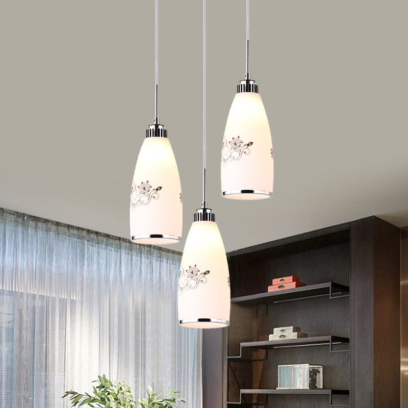 3-Bulb Cone Multiple Hanging Lamp Minimalism Black/Yellow/Blue Printing Glass Pendulum Lamp with Linear/Round Canopy Clearhalo 'Ceiling Lights' 'Glass shade' 'Glass' 'Pendant Lights' 'Pendants' Lighting' 800772