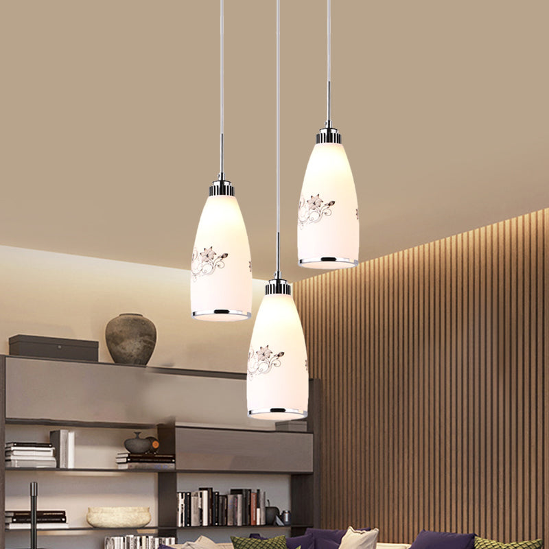 3-Bulb Cone Multiple Hanging Lamp Minimalism Black/Yellow/Blue Printing Glass Pendulum Lamp with Linear/Round Canopy Clearhalo 'Ceiling Lights' 'Glass shade' 'Glass' 'Pendant Lights' 'Pendants' Lighting' 800773