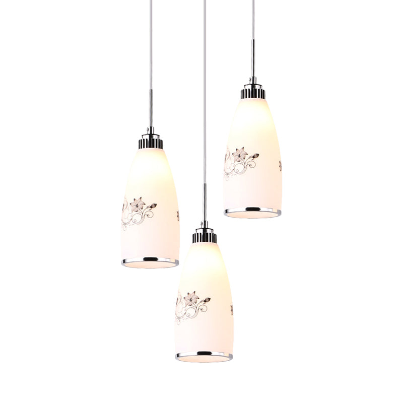 3-Bulb Cone Multiple Hanging Lamp Minimalism Black/Yellow/Blue Printing Glass Pendulum Lamp with Linear/Round Canopy Clearhalo 'Ceiling Lights' 'Glass shade' 'Glass' 'Pendant Lights' 'Pendants' Lighting' 800774
