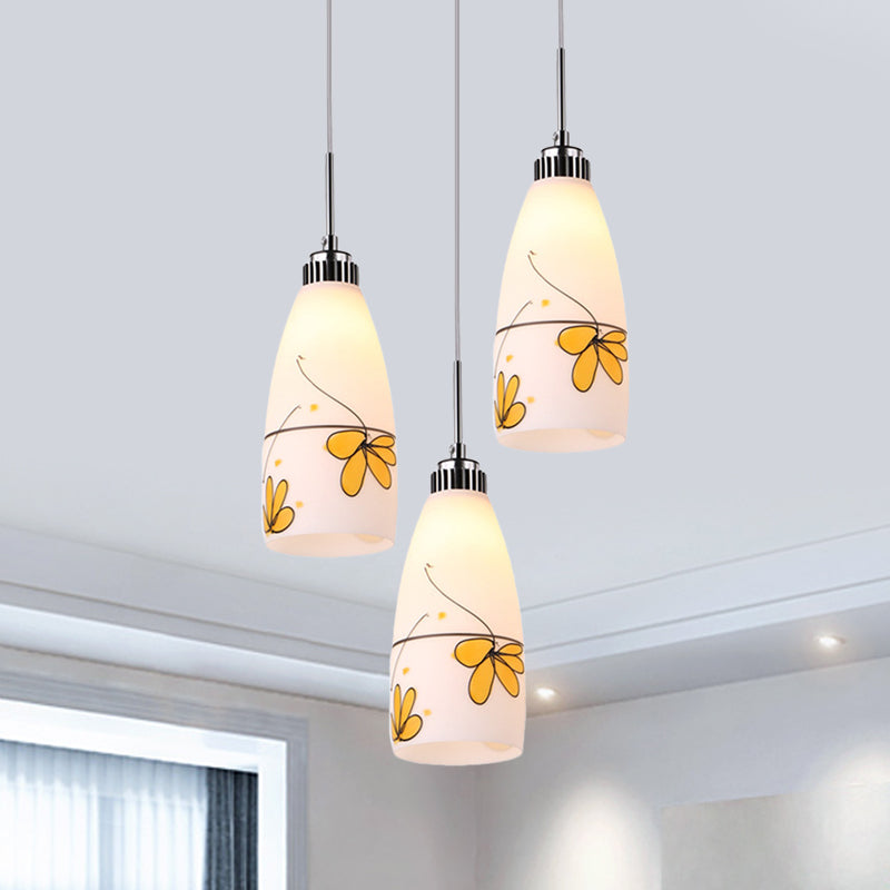 3-Bulb Cone Multiple Hanging Lamp Minimalism Black/Yellow/Blue Printing Glass Pendulum Lamp with Linear/Round Canopy Yellow Round Clearhalo 'Ceiling Lights' 'Glass shade' 'Glass' 'Pendant Lights' 'Pendants' Lighting' 800776