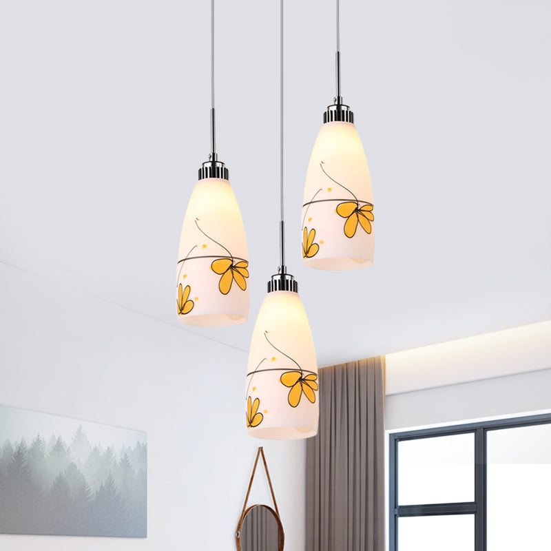 3-Bulb Cone Multiple Hanging Lamp Minimalism Black/Yellow/Blue Printing Glass Pendulum Lamp with Linear/Round Canopy Clearhalo 'Ceiling Lights' 'Glass shade' 'Glass' 'Pendant Lights' 'Pendants' Lighting' 800777