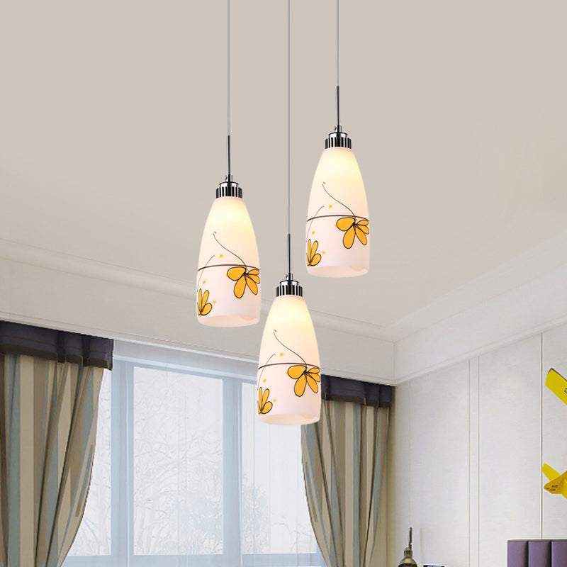 3-Bulb Cone Multiple Hanging Lamp Minimalism Black/Yellow/Blue Printing Glass Pendulum Lamp with Linear/Round Canopy Clearhalo 'Ceiling Lights' 'Glass shade' 'Glass' 'Pendant Lights' 'Pendants' Lighting' 800778