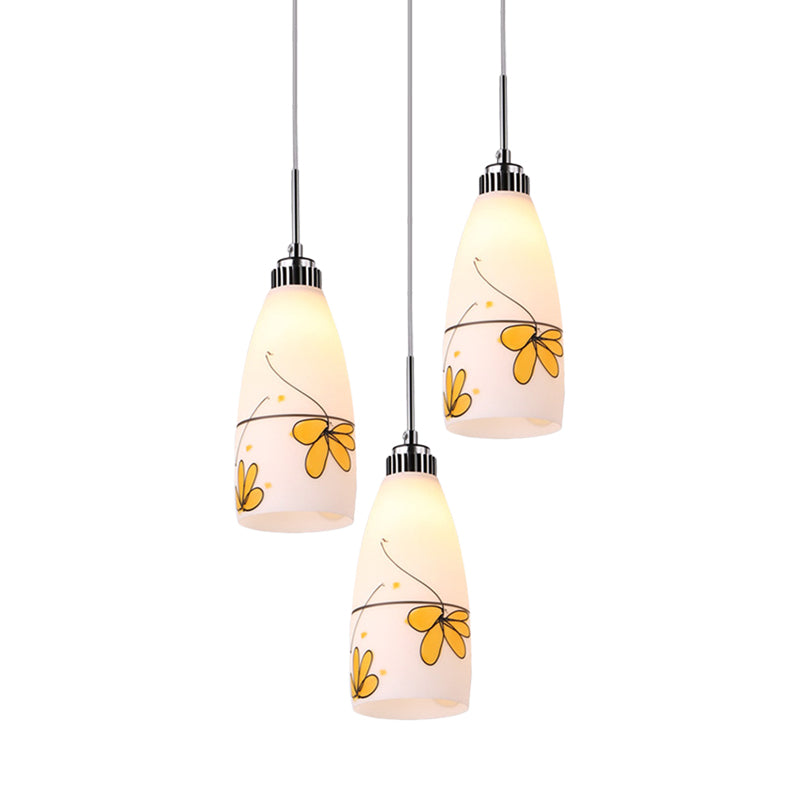 3-Bulb Cone Multiple Hanging Lamp Minimalism Black/Yellow/Blue Printing Glass Pendulum Lamp with Linear/Round Canopy Clearhalo 'Ceiling Lights' 'Glass shade' 'Glass' 'Pendant Lights' 'Pendants' Lighting' 800779