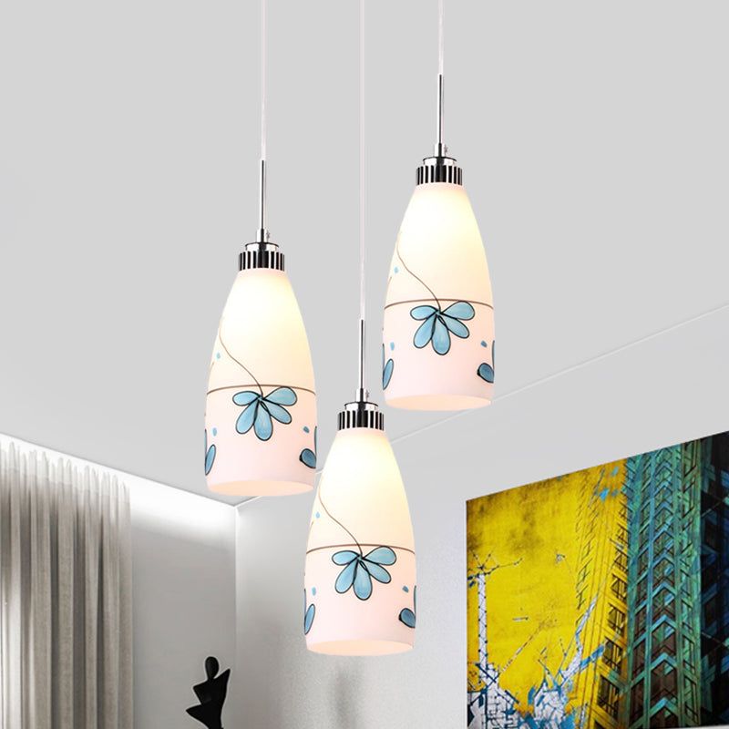 3-Bulb Cone Multiple Hanging Lamp Minimalism Black/Yellow/Blue Printing Glass Pendulum Lamp with Linear/Round Canopy Blue Round Clearhalo 'Ceiling Lights' 'Glass shade' 'Glass' 'Pendant Lights' 'Pendants' Lighting' 800780