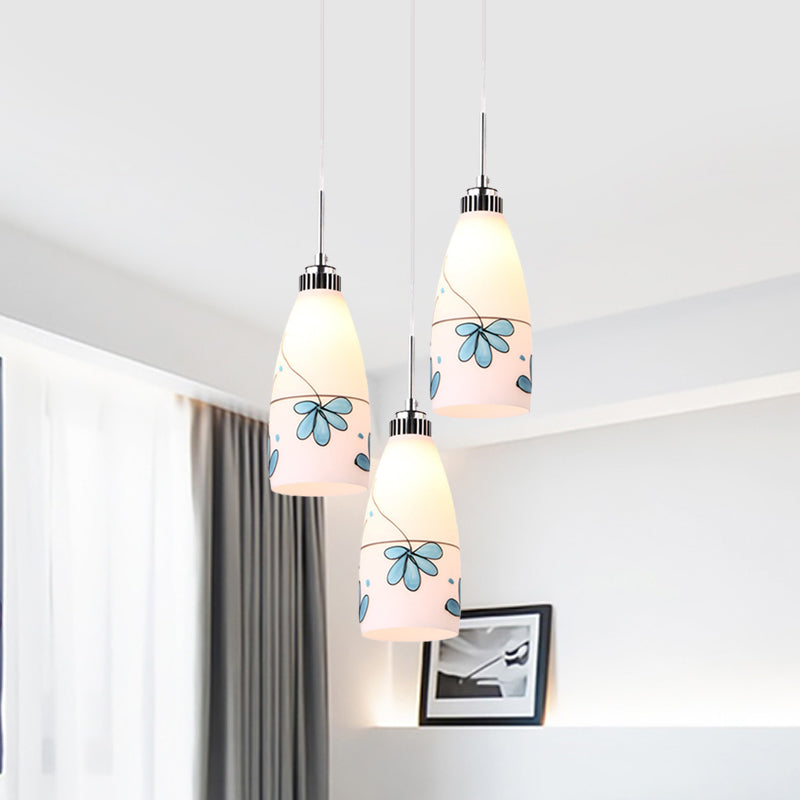 3-Bulb Cone Multiple Hanging Lamp Minimalism Black/Yellow/Blue Printing Glass Pendulum Lamp with Linear/Round Canopy Clearhalo 'Ceiling Lights' 'Glass shade' 'Glass' 'Pendant Lights' 'Pendants' Lighting' 800781