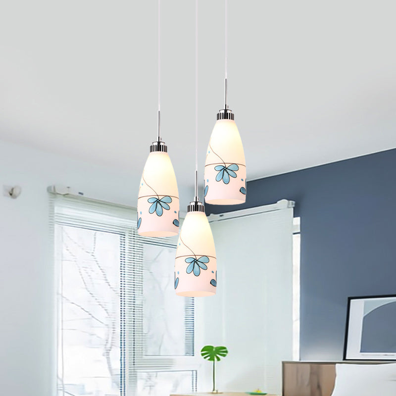 3-Bulb Cone Multiple Hanging Lamp Minimalism Black/Yellow/Blue Printing Glass Pendulum Lamp with Linear/Round Canopy Clearhalo 'Ceiling Lights' 'Glass shade' 'Glass' 'Pendant Lights' 'Pendants' Lighting' 800782