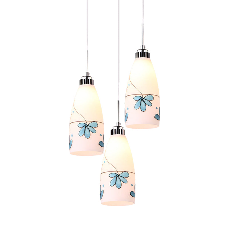 3-Bulb Cone Multiple Hanging Lamp Minimalism Black/Yellow/Blue Printing Glass Pendulum Lamp with Linear/Round Canopy Clearhalo 'Ceiling Lights' 'Glass shade' 'Glass' 'Pendant Lights' 'Pendants' Lighting' 800783
