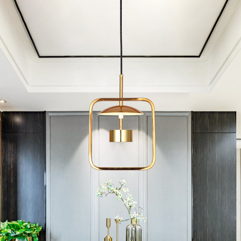 Gold Finish Square-Frame Pendulum Light Minimalism LED Metal Ceiling Hang Fixture with Shade/Shadeless Gold With Shade Clearhalo 'Ceiling Lights' 'Modern Pendants' 'Modern' 'Pendant Lights' 'Pendants' Lighting' 800788