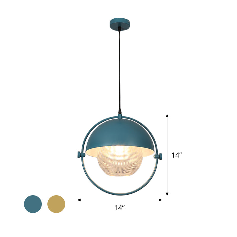 Modern Semicircle Hanging Light Kit 1 Bulb Metal Pendant in Blue/Gold with Ball Clear Latticed Glass Shade Clearhalo 'Ceiling Lights' 'Modern Pendants' 'Modern' 'Pendant Lights' 'Pendants' Lighting' 800796