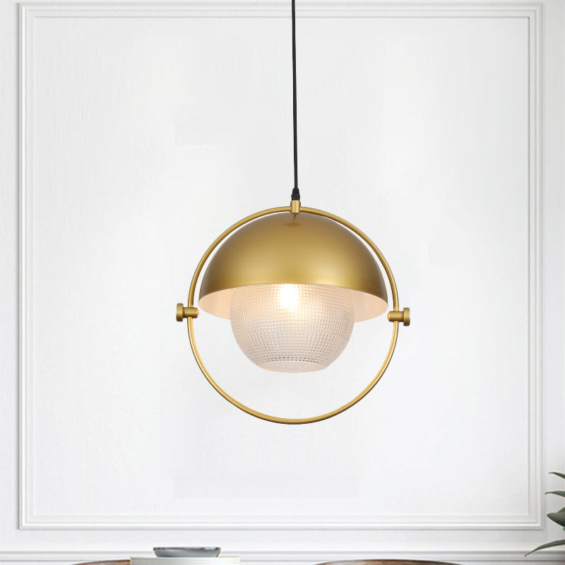 Modern Semicircle Hanging Light Kit 1 Bulb Metal Pendant in Blue/Gold with Ball Clear Latticed Glass Shade Clearhalo 'Ceiling Lights' 'Modern Pendants' 'Modern' 'Pendant Lights' 'Pendants' Lighting' 800798