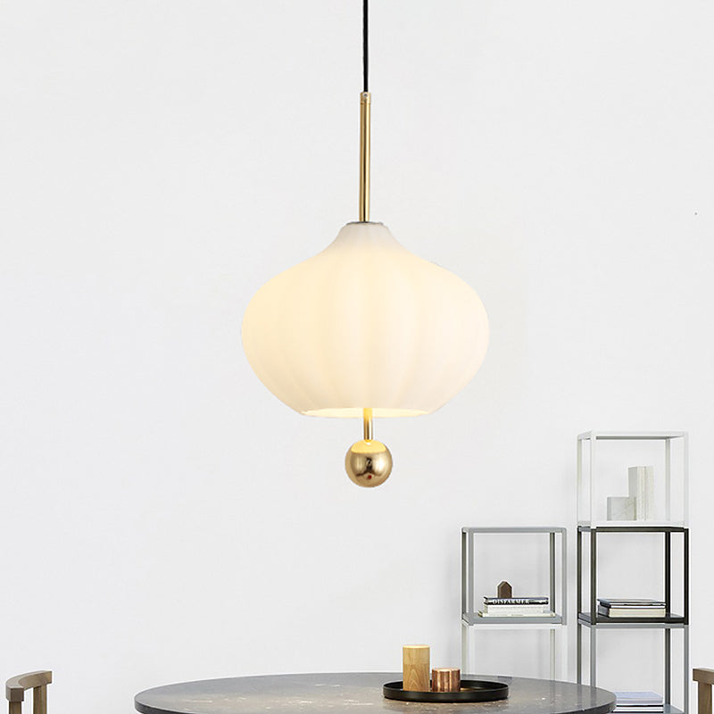 White Glass Pumpkin Suspension Light Modernist 1 Bulb Pendant Lamp with Brass Modo Deco White Clearhalo 'Ceiling Lights' 'Close To Ceiling Lights' 'Glass shade' 'Glass' 'Modern Pendants' 'Modern' 'Pendant Lights' 'Pendants' Lighting' 800813