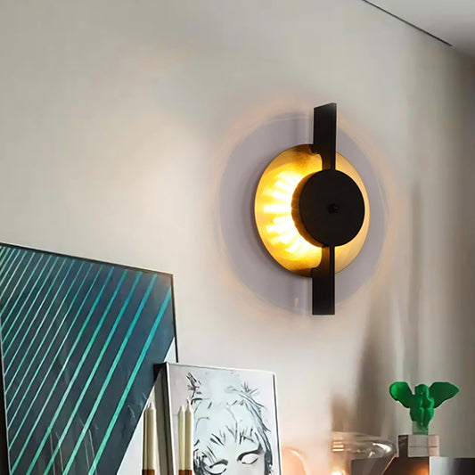 Postmodern Round Sconce Lamp Fixture Metallic LED Bedside Wall Mount Light in Black and Gold Clearhalo 'Cast Iron' 'Glass' 'Industrial' 'Modern wall lights' 'Modern' 'Tiffany' 'Traditional wall lights' 'Wall Lamps & Sconces' 'Wall Lights' Lighting' 800838