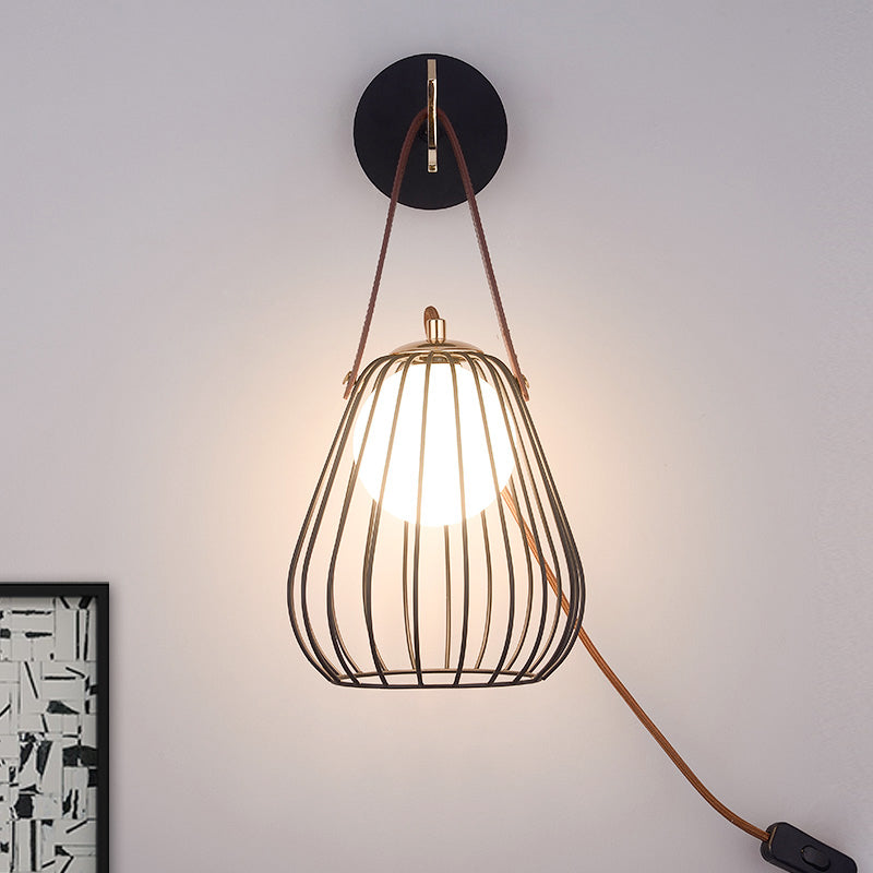 Pear Cage Iron Wall Sconce Minimalist 1-Head Black Finish LED Wall Lighting Ideas with Leatherwear Handle Black Clearhalo 'Cast Iron' 'Glass' 'Industrial' 'Modern wall lights' 'Modern' 'Tiffany' 'Traditional wall lights' 'Wall Lamps & Sconces' 'Wall Lights' Lighting' 800857