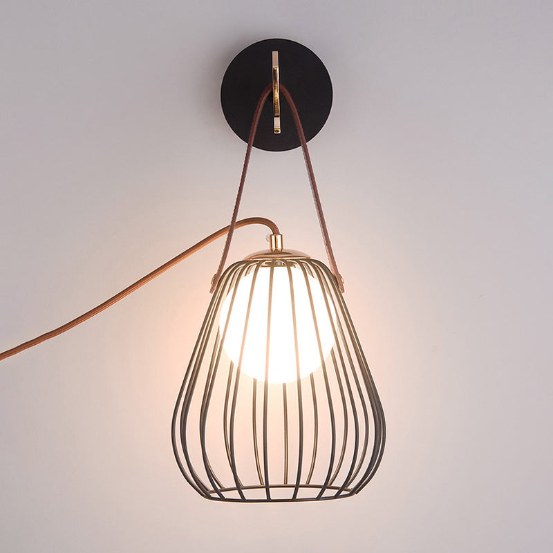 Pear Cage Iron Wall Sconce Minimalist 1-Head Black Finish LED Wall Lighting Ideas with Leatherwear Handle Clearhalo 'Cast Iron' 'Glass' 'Industrial' 'Modern wall lights' 'Modern' 'Tiffany' 'Traditional wall lights' 'Wall Lamps & Sconces' 'Wall Lights' Lighting' 800859