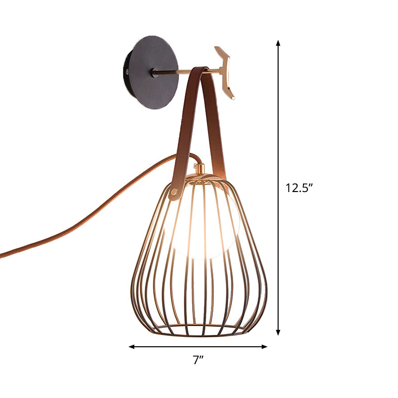 Pear Cage Iron Wall Sconce Minimalist 1-Head Black Finish LED Wall Lighting Ideas with Leatherwear Handle Clearhalo 'Cast Iron' 'Glass' 'Industrial' 'Modern wall lights' 'Modern' 'Tiffany' 'Traditional wall lights' 'Wall Lamps & Sconces' 'Wall Lights' Lighting' 800860