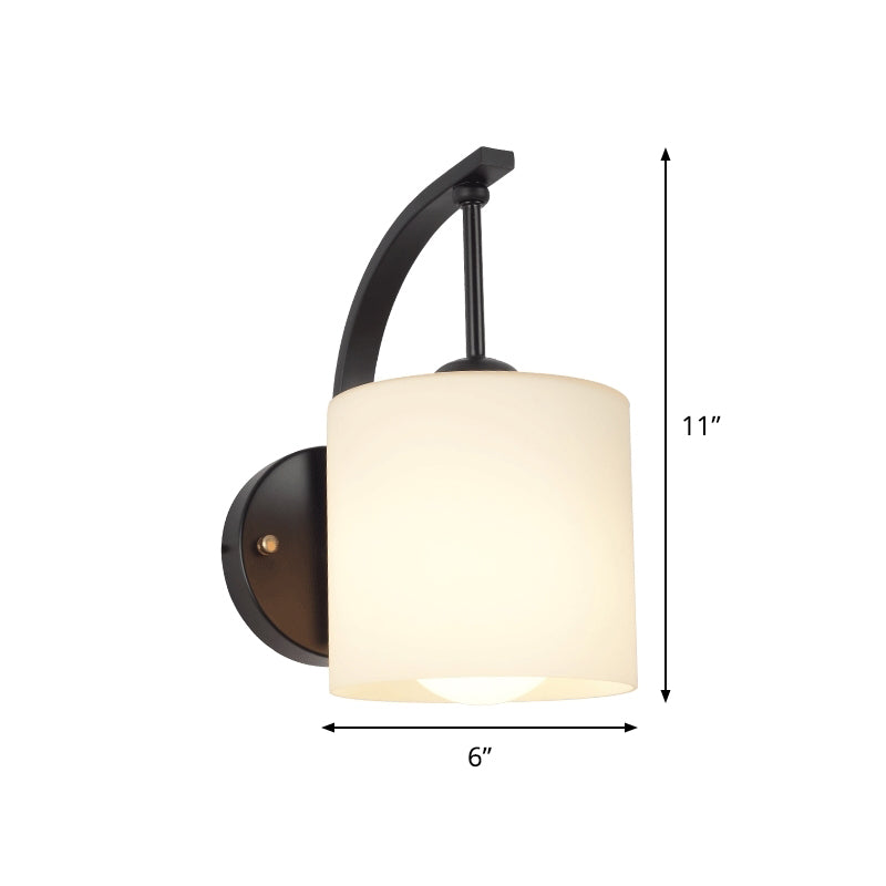 Modernism 1-Light Wall Sconce Black Finish Cylindrical Wall Lamp Fixture with Opal Glass Shade Clearhalo 'Cast Iron' 'Glass' 'Industrial' 'Modern wall lights' 'Modern' 'Tiffany' 'Traditional wall lights' 'Wall Lamps & Sconces' 'Wall Lights' Lighting' 800876