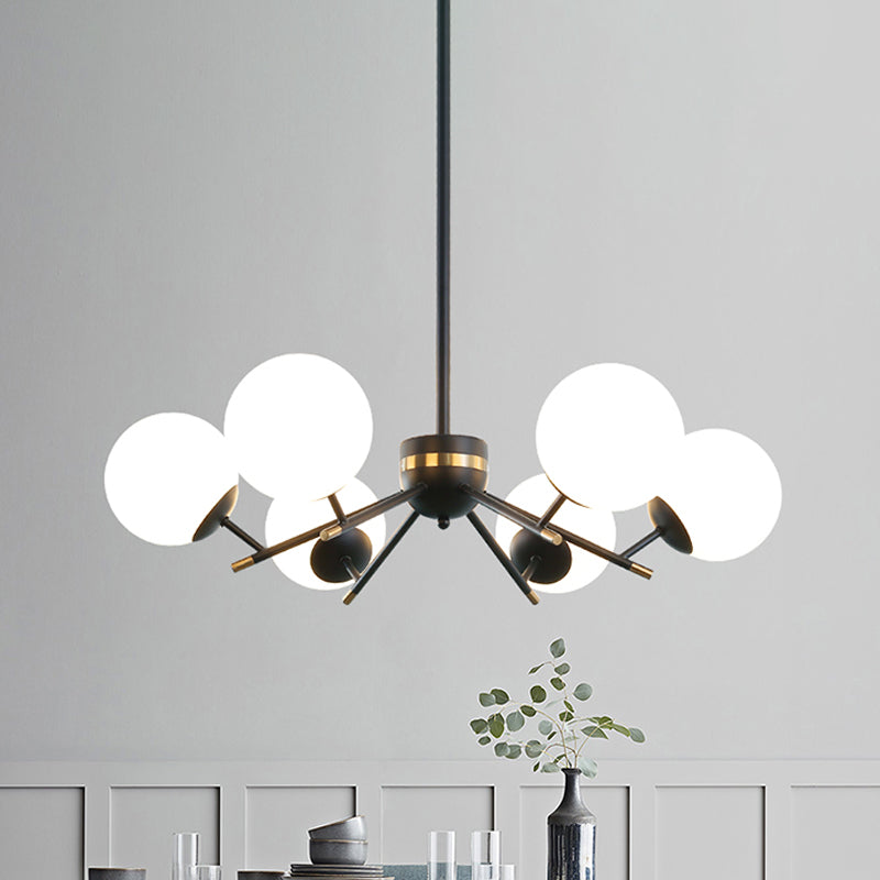 Black Finish Ball Hanging Chandelier Modernism 6 Bulbs White Frosted Glass Pendulum Light Black Clearhalo 'Ceiling Lights' 'Chandeliers' 'Modern Chandeliers' 'Modern' Lighting' 800895