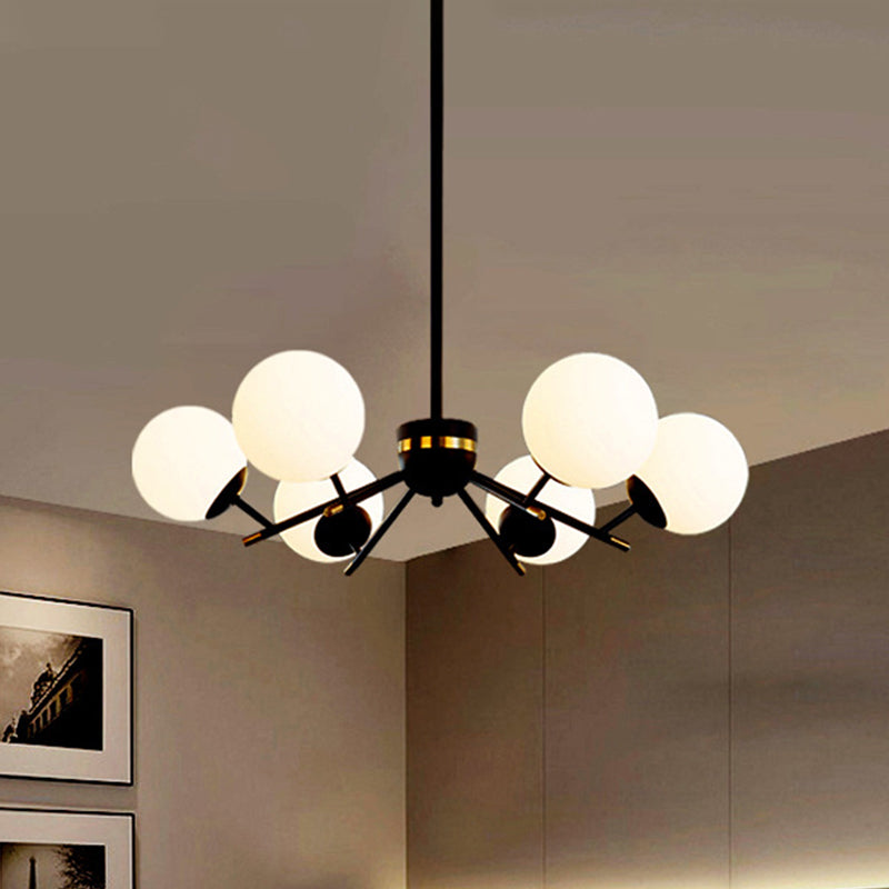 Black Finish Ball Hanging Chandelier Modernism 6 Bulbs White Frosted Glass Pendulum Light Clearhalo 'Ceiling Lights' 'Chandeliers' 'Modern Chandeliers' 'Modern' Lighting' 800896