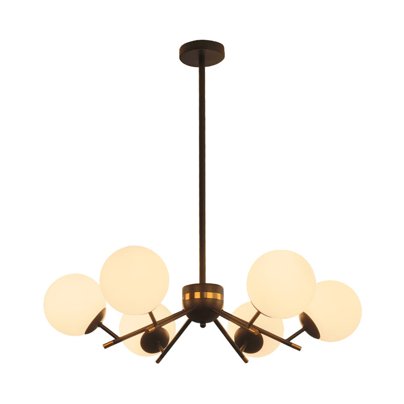 Black Finish Ball Hanging Chandelier Modernism 6 Bulbs White Frosted Glass Pendulum Light Clearhalo 'Ceiling Lights' 'Chandeliers' 'Modern Chandeliers' 'Modern' Lighting' 800897