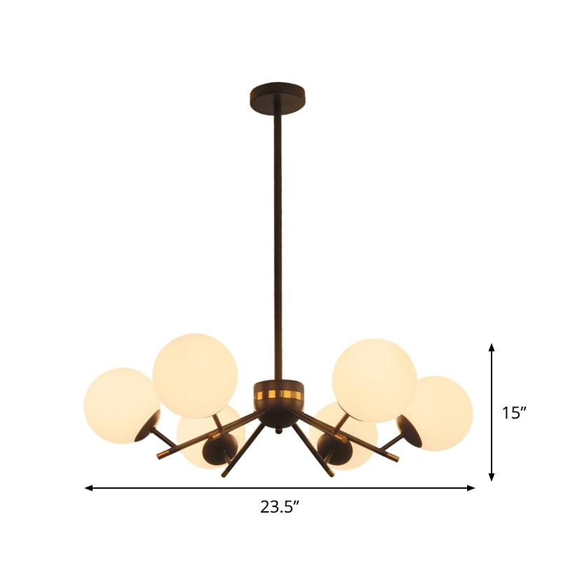 Black Finish Ball Hanging Chandelier Modernism 6 Bulbs White Frosted Glass Pendulum Light Clearhalo 'Ceiling Lights' 'Chandeliers' 'Modern Chandeliers' 'Modern' Lighting' 800898