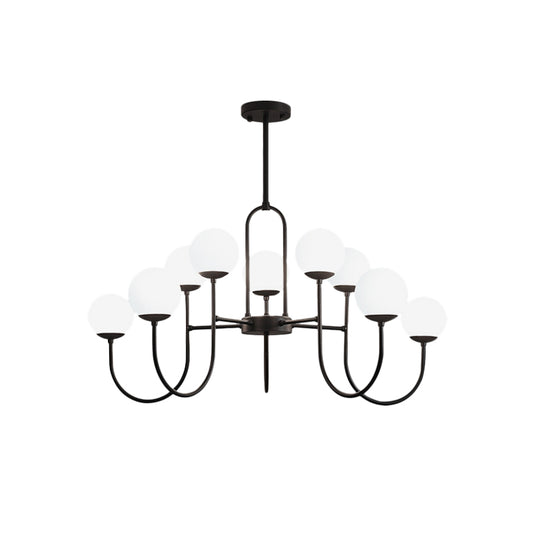 Arced Arm Iron Chandelier Light Fixture Modern 6/9-Head Black Finish Pendulum Lamp with Sphere Milk White Glass Shade Clearhalo 'Ceiling Lights' 'Close To Ceiling Lights' 'Close to ceiling' 'Glass shade' 'Glass' 'Pendant Lights' 'Semi-flushmount' Lighting' 800905
