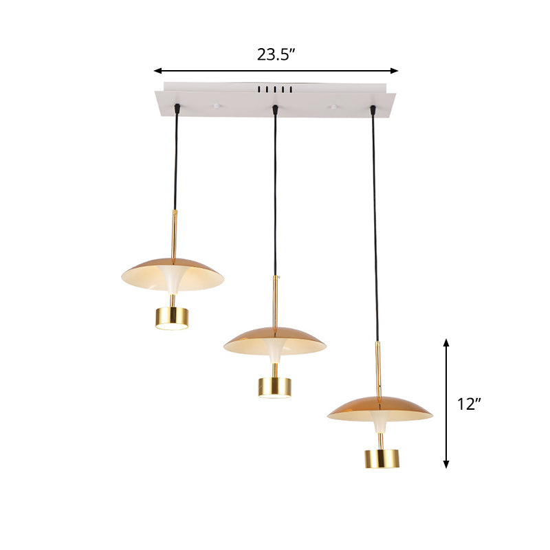 Gold Flat Dome Multi Light Pendant Post Modern 3-Light Metallic LED Linear Ceiling Hang Fixture Clearhalo 'Ceiling Lights' 'Modern Pendants' 'Modern' 'Pendant Lights' 'Pendants' Lighting' 800911