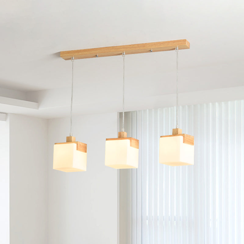 Modernism 3 Heads Multi Pendant Light Wood Cube LED Hanging Ceiling Lamp with White Glass Shade White Clearhalo 'Ceiling Lights' 'Modern Pendants' 'Modern' 'Pendant Lights' 'Pendants' Lighting' 800924