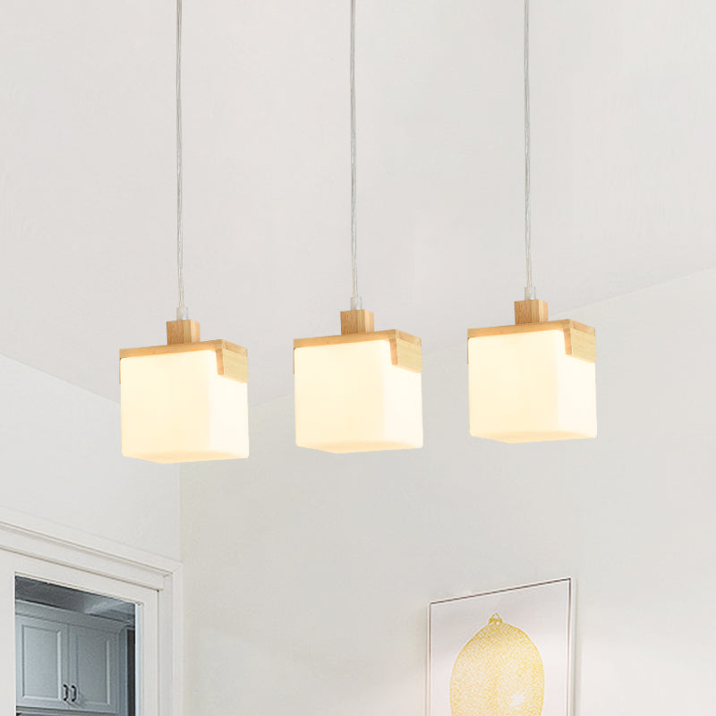 Modernism 3 Heads Multi Pendant Light Wood Cube LED Hanging Ceiling Lamp with White Glass Shade Clearhalo 'Ceiling Lights' 'Modern Pendants' 'Modern' 'Pendant Lights' 'Pendants' Lighting' 800925