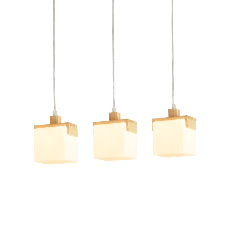 Modernism 3 Heads Multi Pendant Light Wood Cube LED Hanging Ceiling Lamp with White Glass Shade Clearhalo 'Ceiling Lights' 'Modern Pendants' 'Modern' 'Pendant Lights' 'Pendants' Lighting' 800926