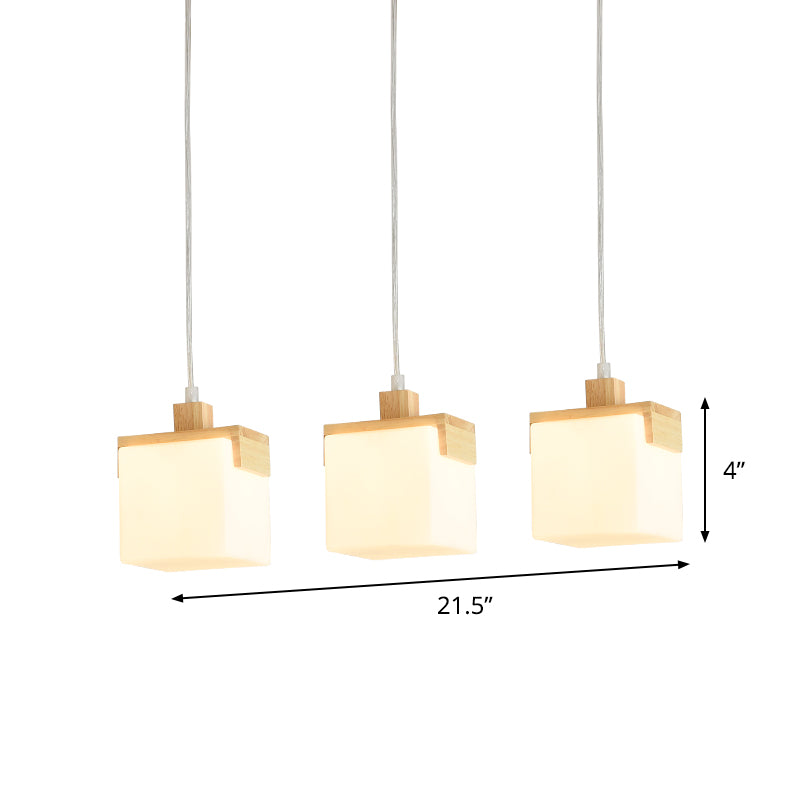 Modernism 3 Heads Multi Pendant Light Wood Cube LED Hanging Ceiling Lamp with White Glass Shade Clearhalo 'Ceiling Lights' 'Modern Pendants' 'Modern' 'Pendant Lights' 'Pendants' Lighting' 800927