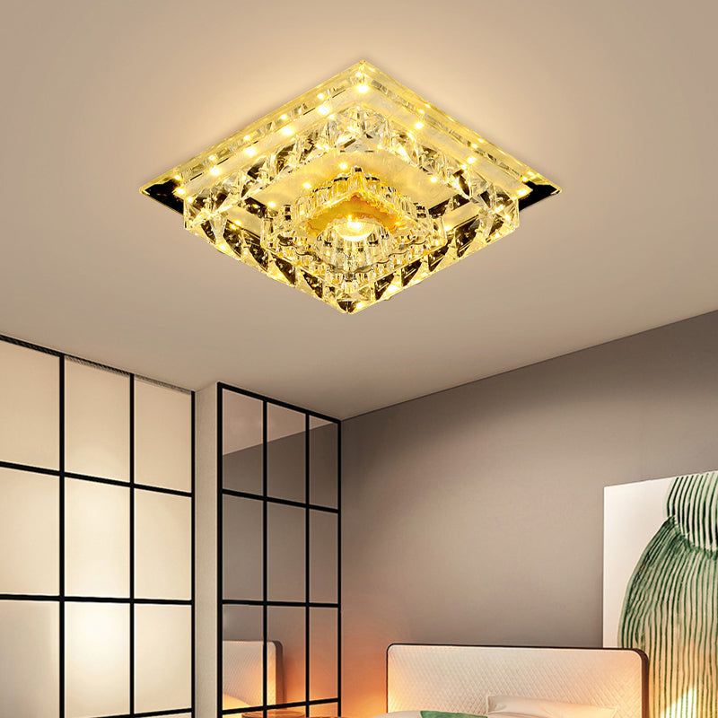 Tiered Square Bedroom Flushmount Modernism Clear Crystal LED Chrome Ceiling Light Fixture, Warm/White Light Clear Clearhalo 'Ceiling Lights' 'Close To Ceiling Lights' 'Close to ceiling' 'Flush mount' Lighting' 800968